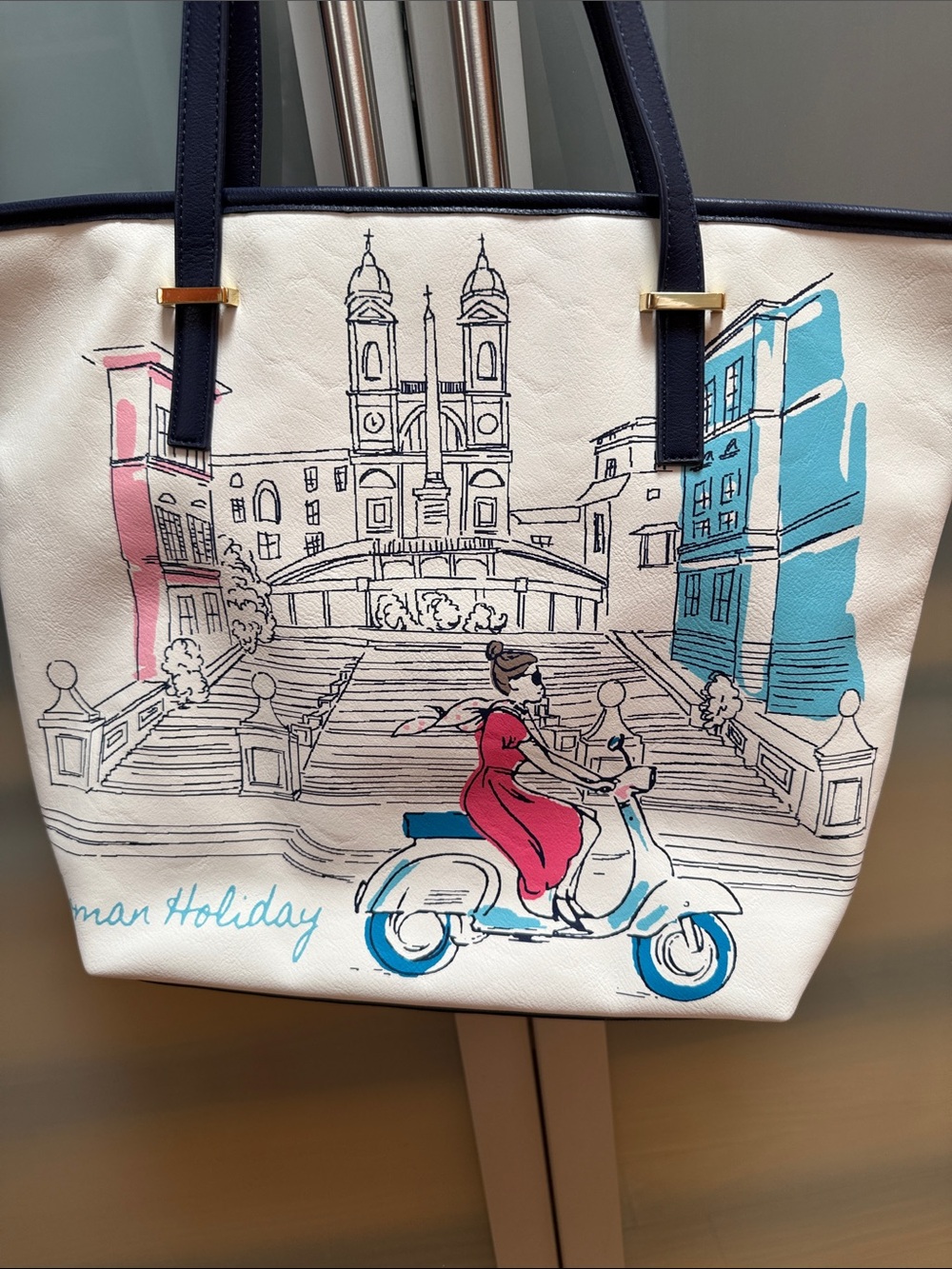 Talbots Graphic Scooter Tote with Navy Straps - White, Blue, Pink